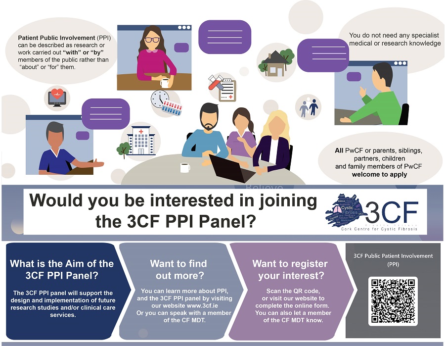 3CF PPI poster image, some cartoons depiciting PPI panel meeting with the 3CF team online, with some text describing how to apply in short.